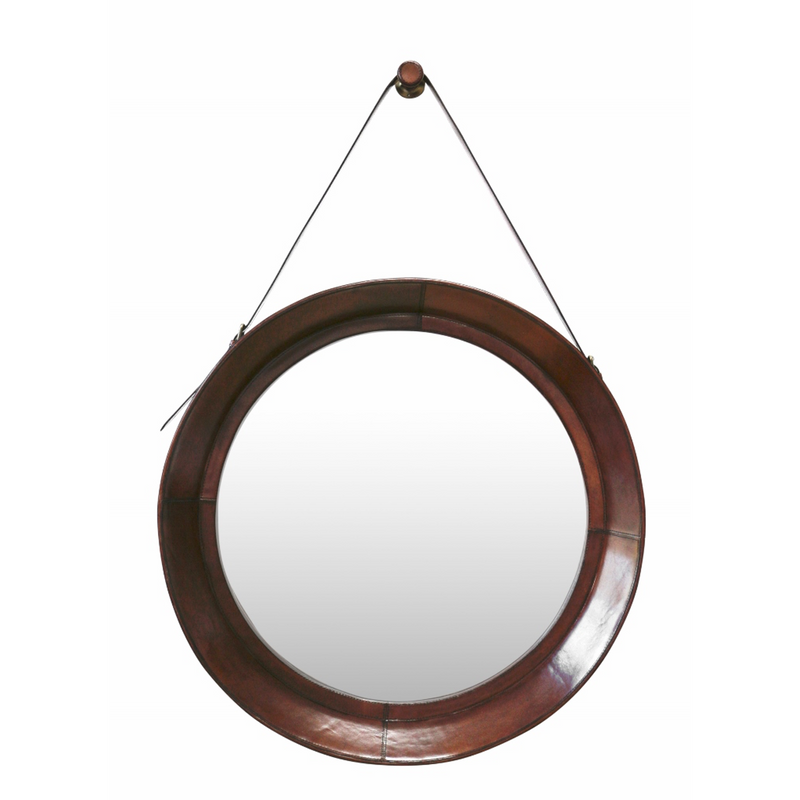 Leather Large Hanging Mirror with Strap & Hook in Chestnut Colour