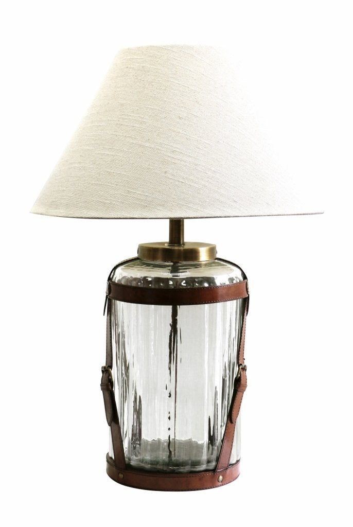 Ribbed Glass Lamp with Tan Leather Straps and Brass Buckles
